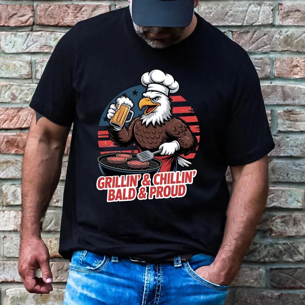 Grillin’ & Chillin’, Bald & Proud T-Shirt – Patriotic Bald Eagle BBQ Vintage Tee sold by Zulily