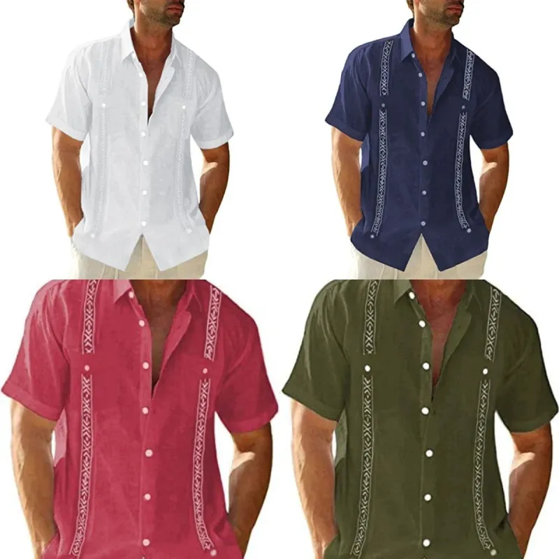 Men's Guayabera Cuban Shirt - Casual Short Sleeve Printed Streetwear made by Zulily