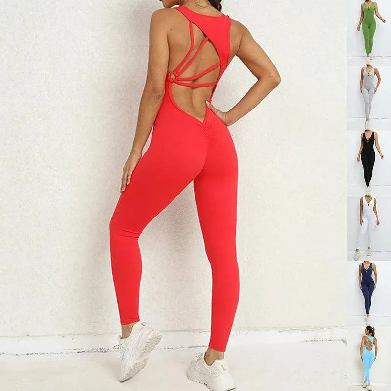 Yoga Jumpsuit V-shaped Back Design Sleeveless Fitness Running Sportswear Stretch Tights Pants For Womens Clothing made by Zulily