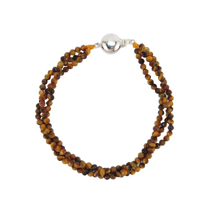Three Row Sterling Silver Natural Tiger Eye Beaded Bracelet made by Zulily