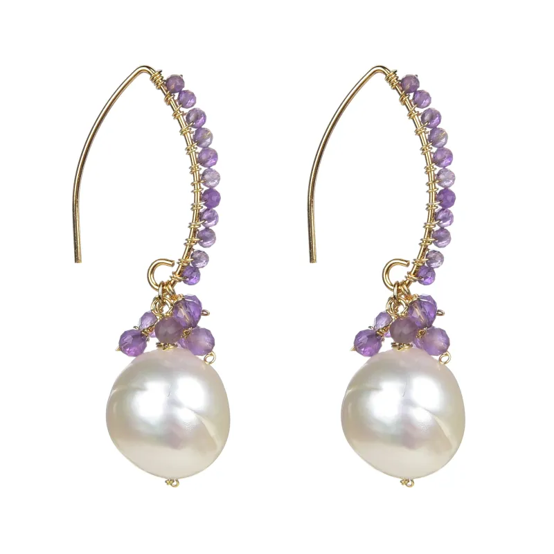 18K Plated Sterling Silver Natural Amethyst and Freshwater Pearl Dangle Earring made by Zulily
