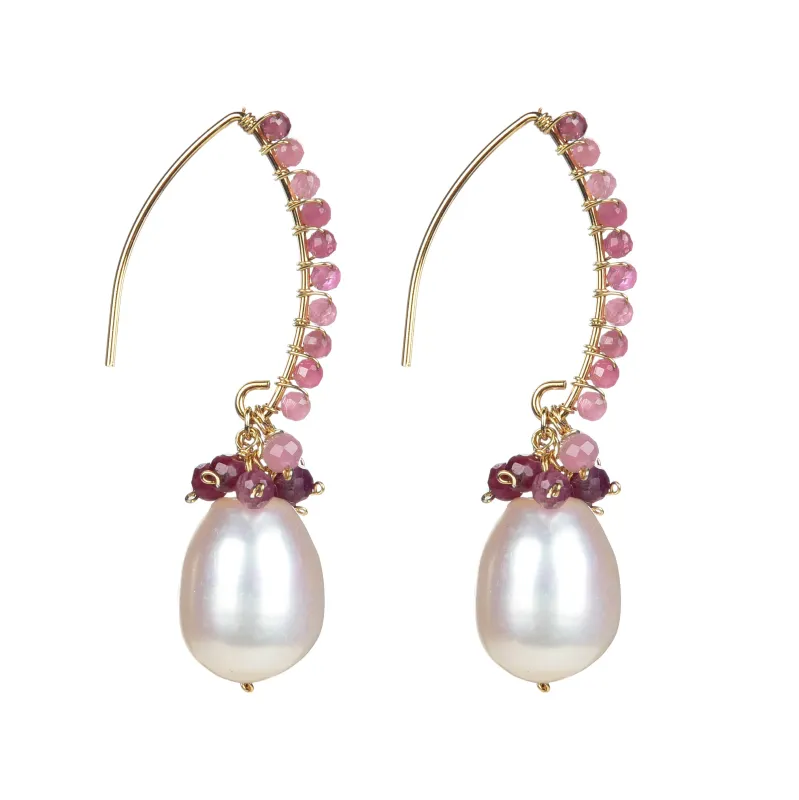 18K Plated Sterling Silver Freshwater Pearl and Natural Pink Tourmoline Dangle Earring made by Zulily