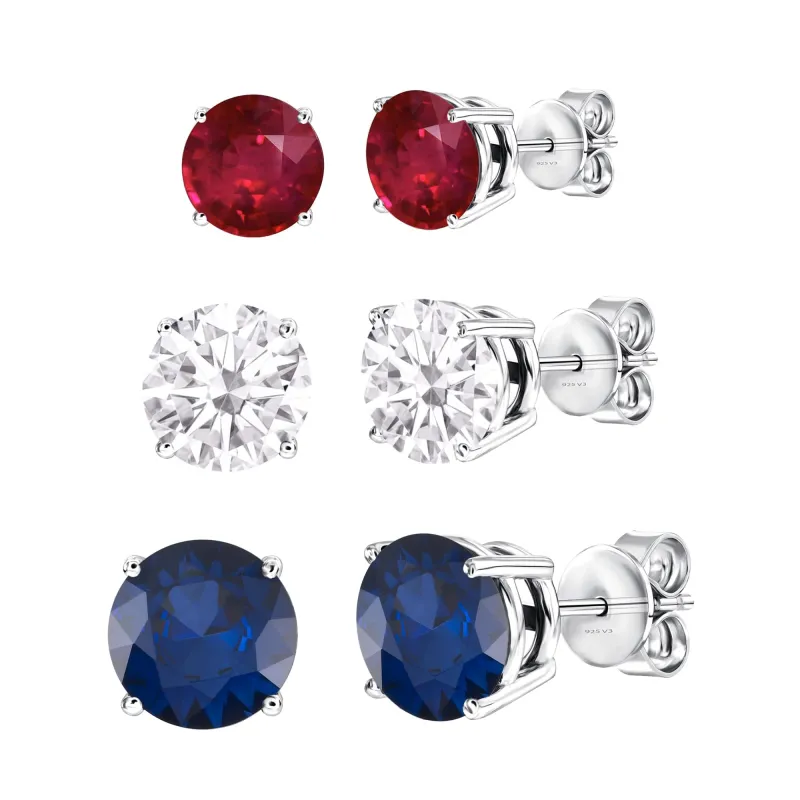 Set of Three Sterling Silver with Ruby, Moissanite and Blue Sapphire Stud Earrings made by Zulily