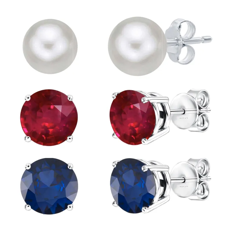 Set of Three Sterling Silver Stud Earring in Pearl, Ruby and Blue Sapphire made by Zulily