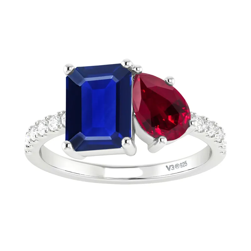 Sterling Silver Blue Sapphire and Ruby Two Stone Ring made by Zulily