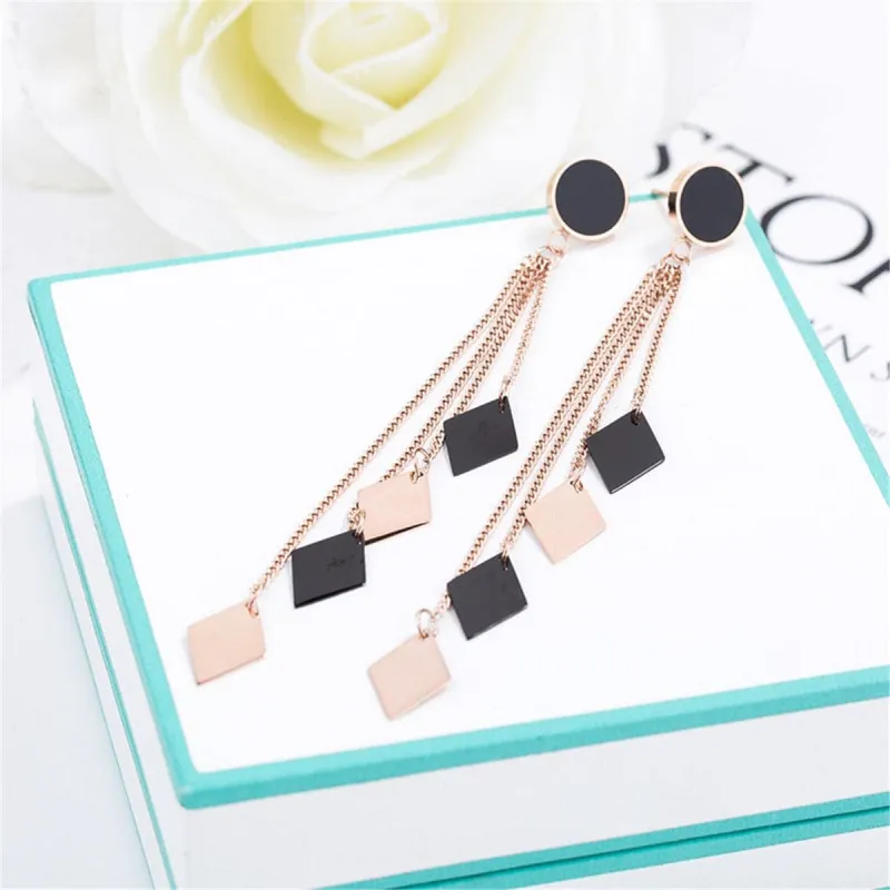 Black & Rose Goldtone Rhombus Tassel Drop Earrings made by Zulily