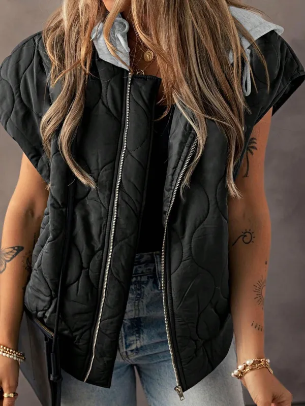 Boho Retro Vintage Quilted Cozy Warm Free Style Drawstring Hooded Zip Up Puffer Vest made by Zulily