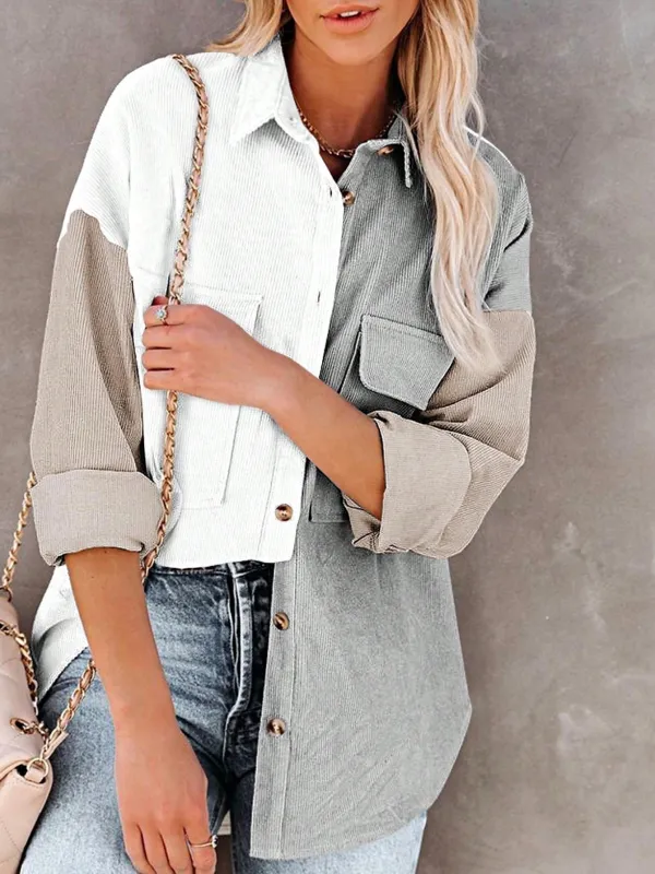 Boho Retro Vintage  90's  Grey Cream Corduroy Button Patchwork Pocket Loose  Oversized Shacket Cardigan Shirt made by Zulily