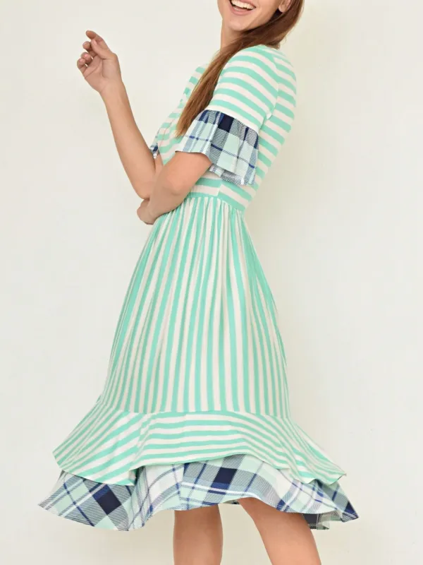 Boho Vintage Royal Blue Coral Pink Yellow Stripe Tiered Ruffle Trim Midi Swing Southern Dress | S-3X made by Zulily