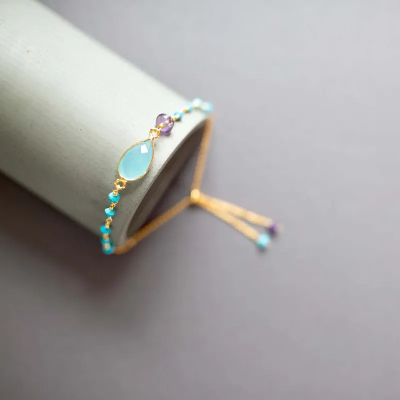 Aqua Blue Chalcedony Adjustable Gold Gemstone Bracelet made by Zulily