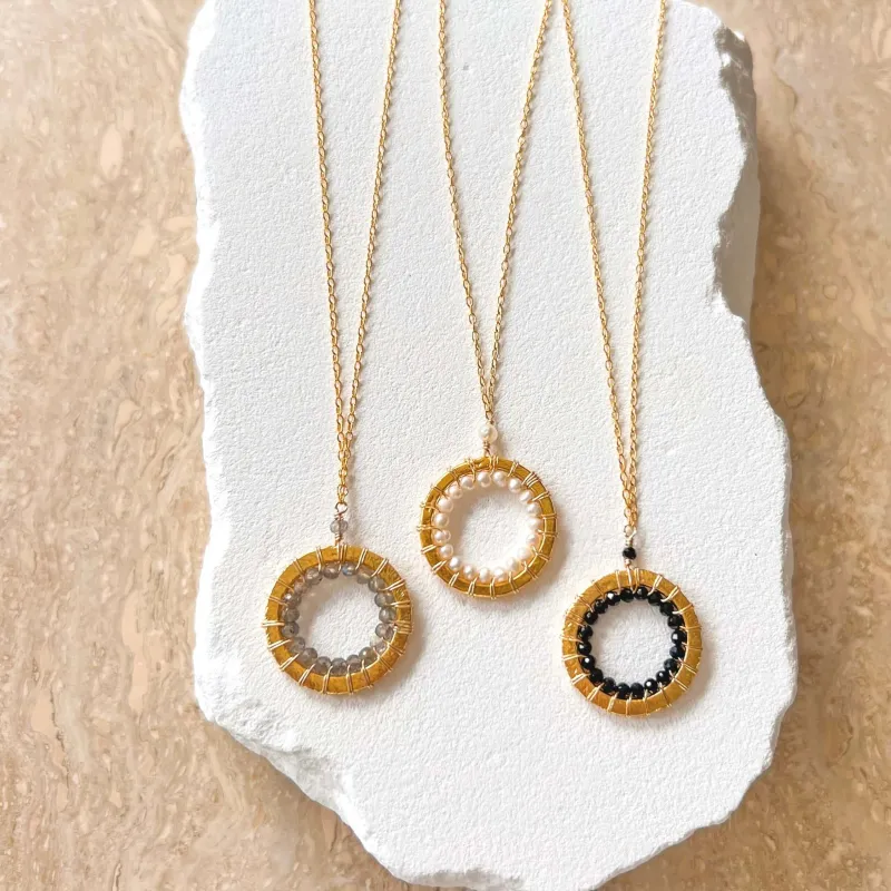 Pearl, Labradorite and Black Spinel Halo Mini Gold Pendant made by Zulily