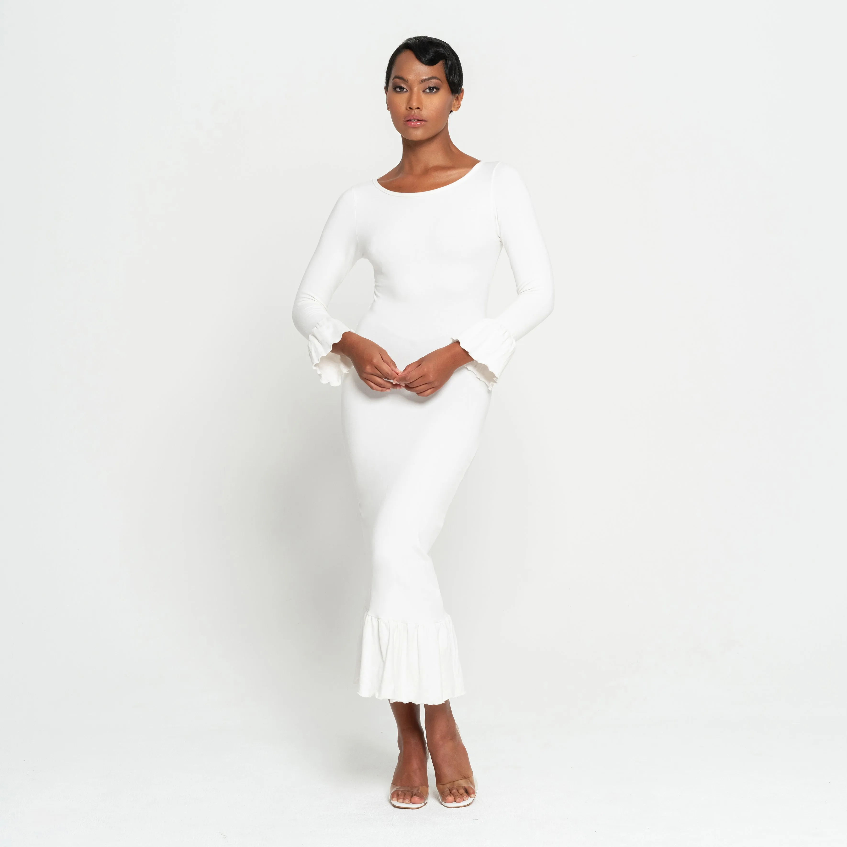 MARJORIE Bamboo Ruffle Dress In Off-white sold by Zulily