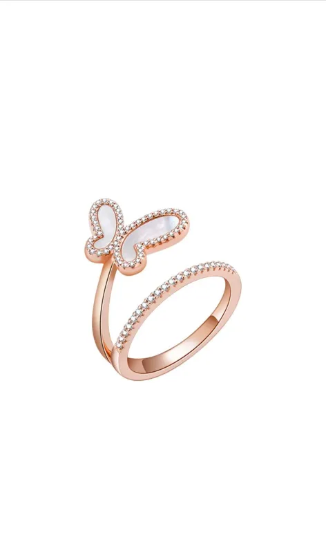 18K Rose Gold w/ Mother Of Pearl Cubic Zirconia Encrusted Swirl Butterfly Ring Jewelry made by Zulily