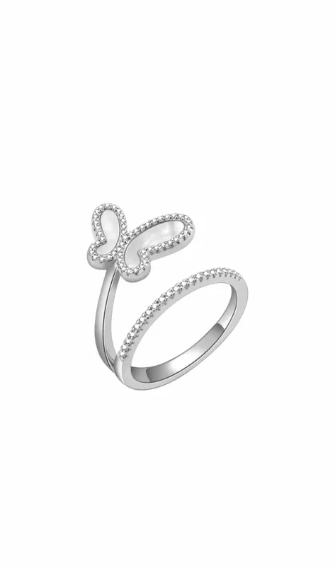 .925 Silver w/ Mother Of Pearl Cubic Zirconia Encrusted Swirl Butterfly Ring Jewelry made by Zulily