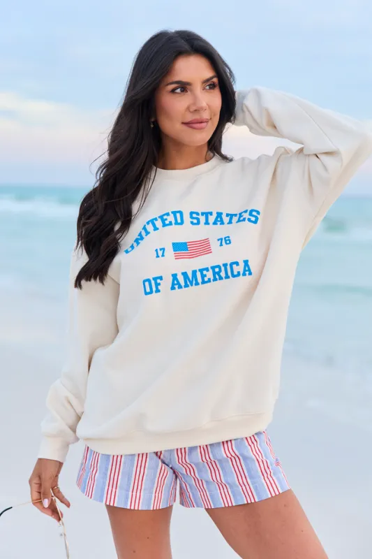 Classic USA Flag Cream Graphic Sweatshirt made by Pink Lily