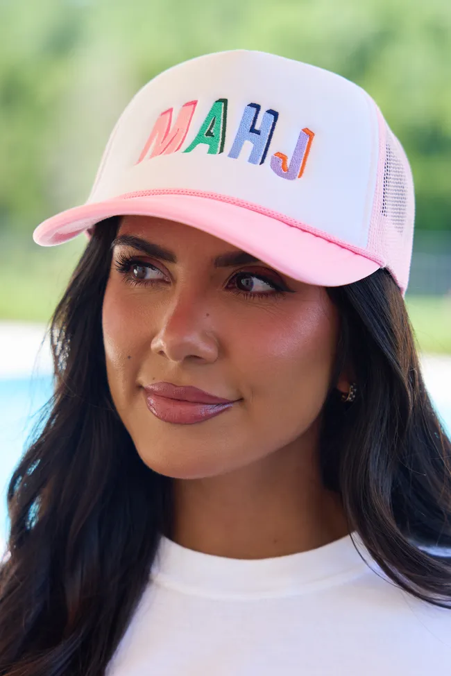 Mahj Multi White/Pink Embroidered Trucker Hat sold by Zulily