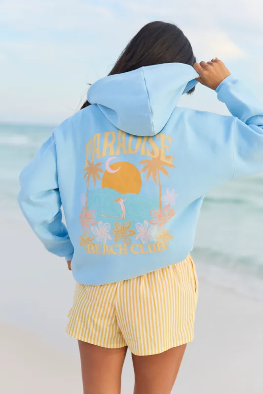Paradise Beach Club Light Blue Graphic Hoodie made by Pink Lily