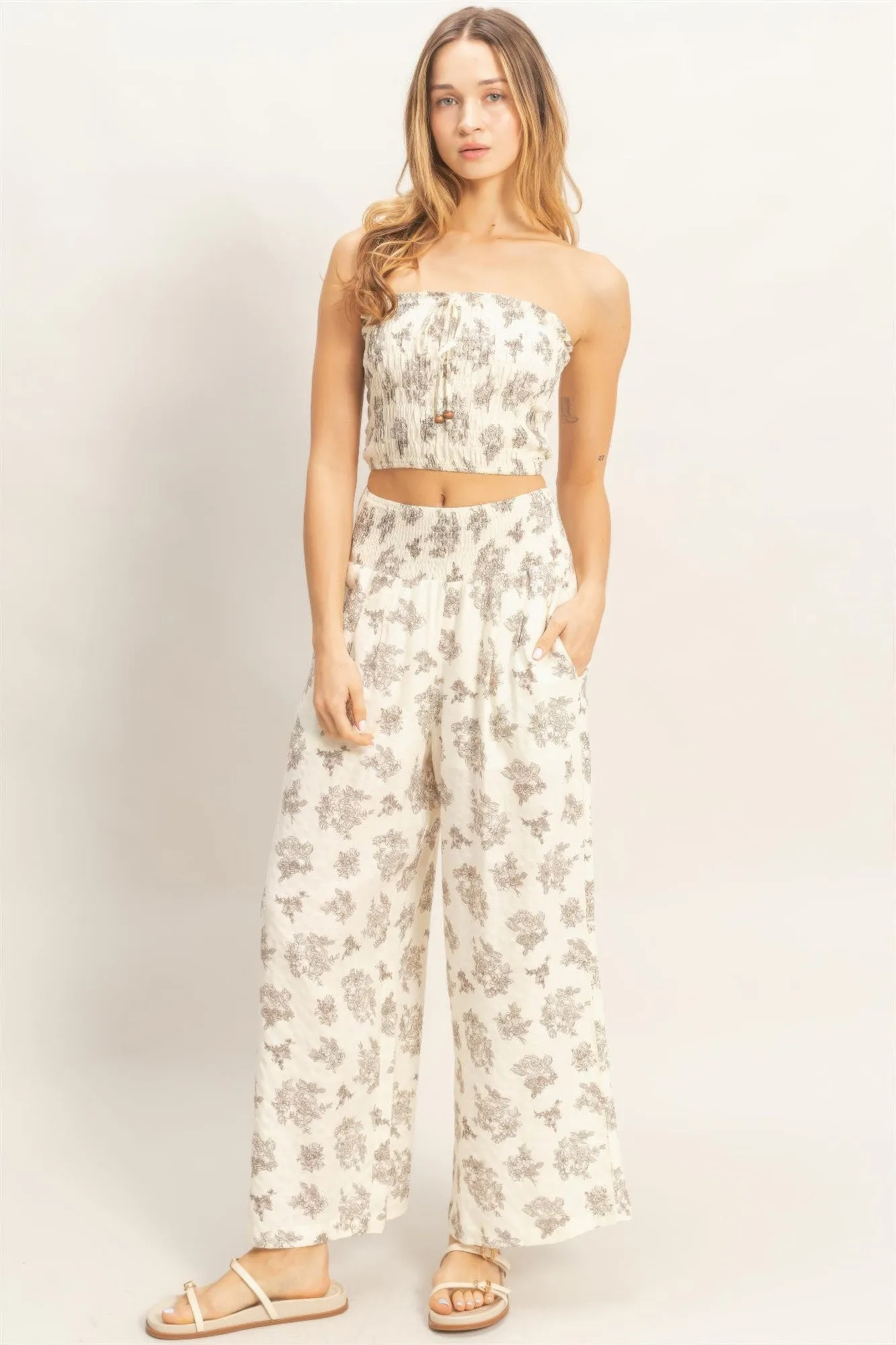 Smocked Tube Top & Wide-leg Pants Set in Natural sold by Zulily