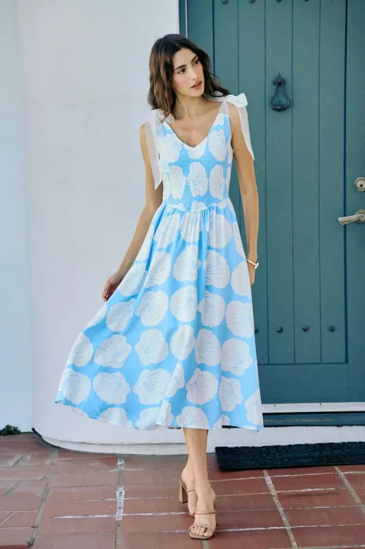 SO ME Shell Smocked Bodice Shoulder Tie Lined Midi Dress made by Zulily