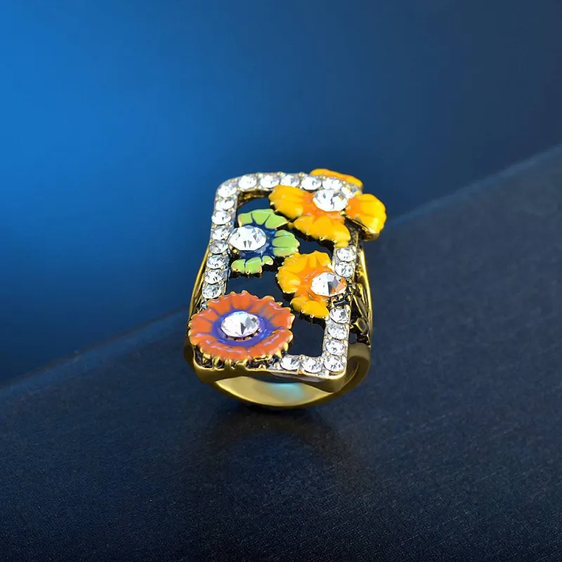 Cubic Zirconia & Enamel Goldtone Floral Rectangle Ring made by Zulily