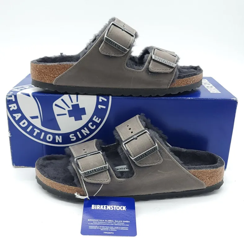 Birkenstock Arizona Black Shearling Waxy Leather Sandals Narrow made by Birkenstock