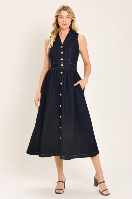 Indigo Charm Denim Midi Dress made by Flying Tomato