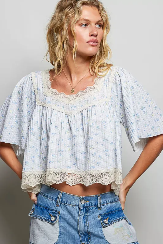 POL Floral Print Lace Trim Blouse made by Zulily