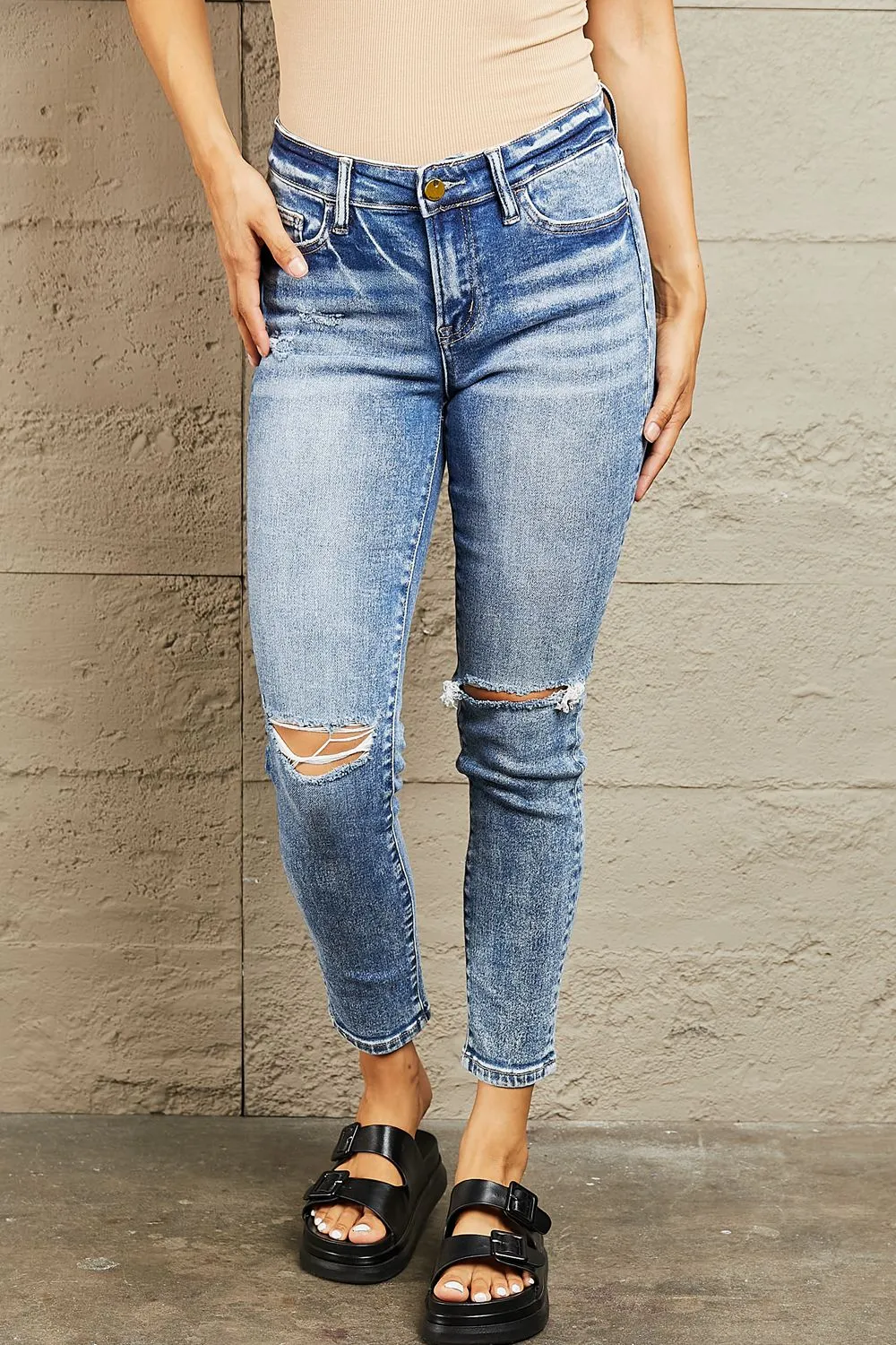 BAYEAS Mid Rise Distressed Skinny Jeans sold by Zulily