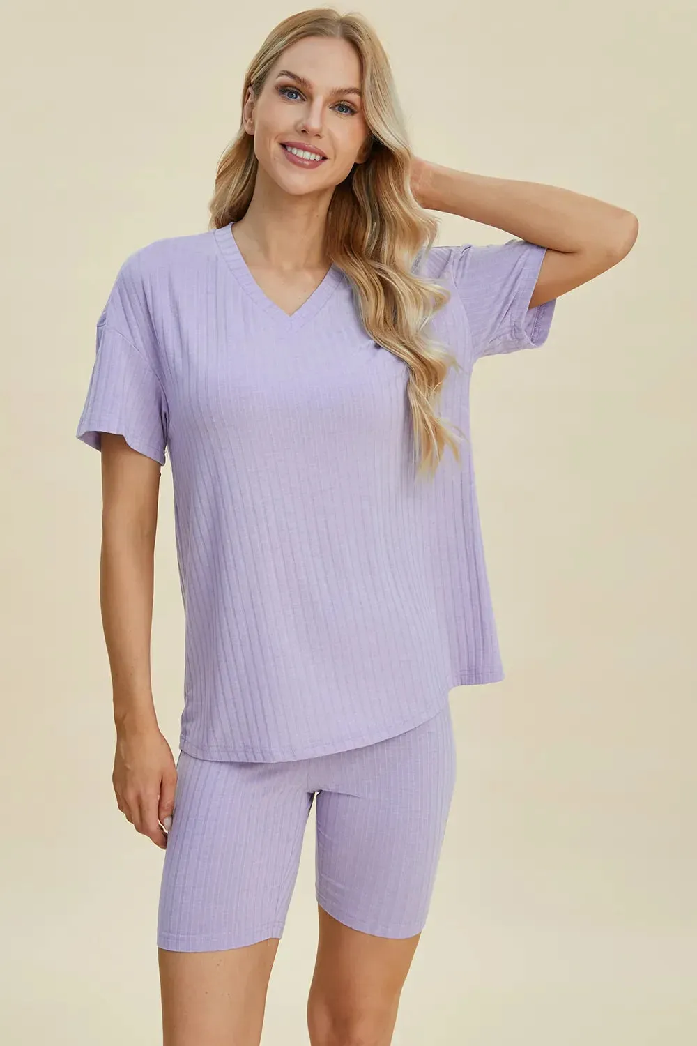 Basic Bae Full Size Ribbed V-Neck Short Sleeve Top and Shorts Set sold by Zulily product image thumbnail 3
