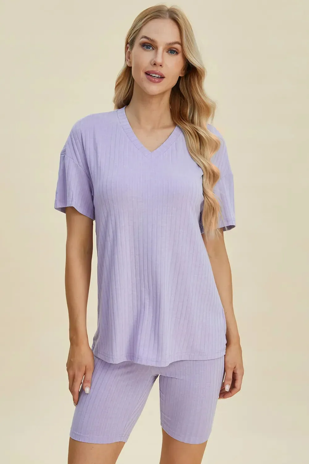 Basic Bae Full Size Ribbed V-Neck Short Sleeve Top and Shorts Set sold by Zulily