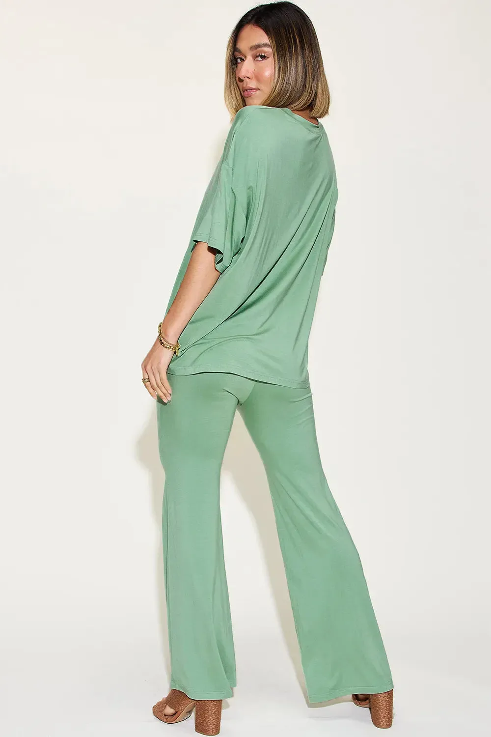 Basic Bae Full Size Bamboo Drop Shoulder T-Shirt and Flare Pants Set sold by Zulily product image thumbnail 3