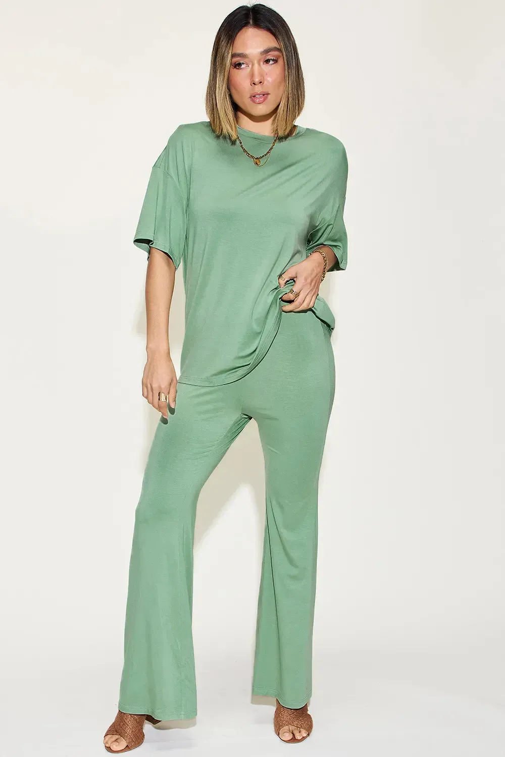 Basic Bae Full Size Bamboo Drop Shoulder T-Shirt and Flare Pants Set sold by Zulily
