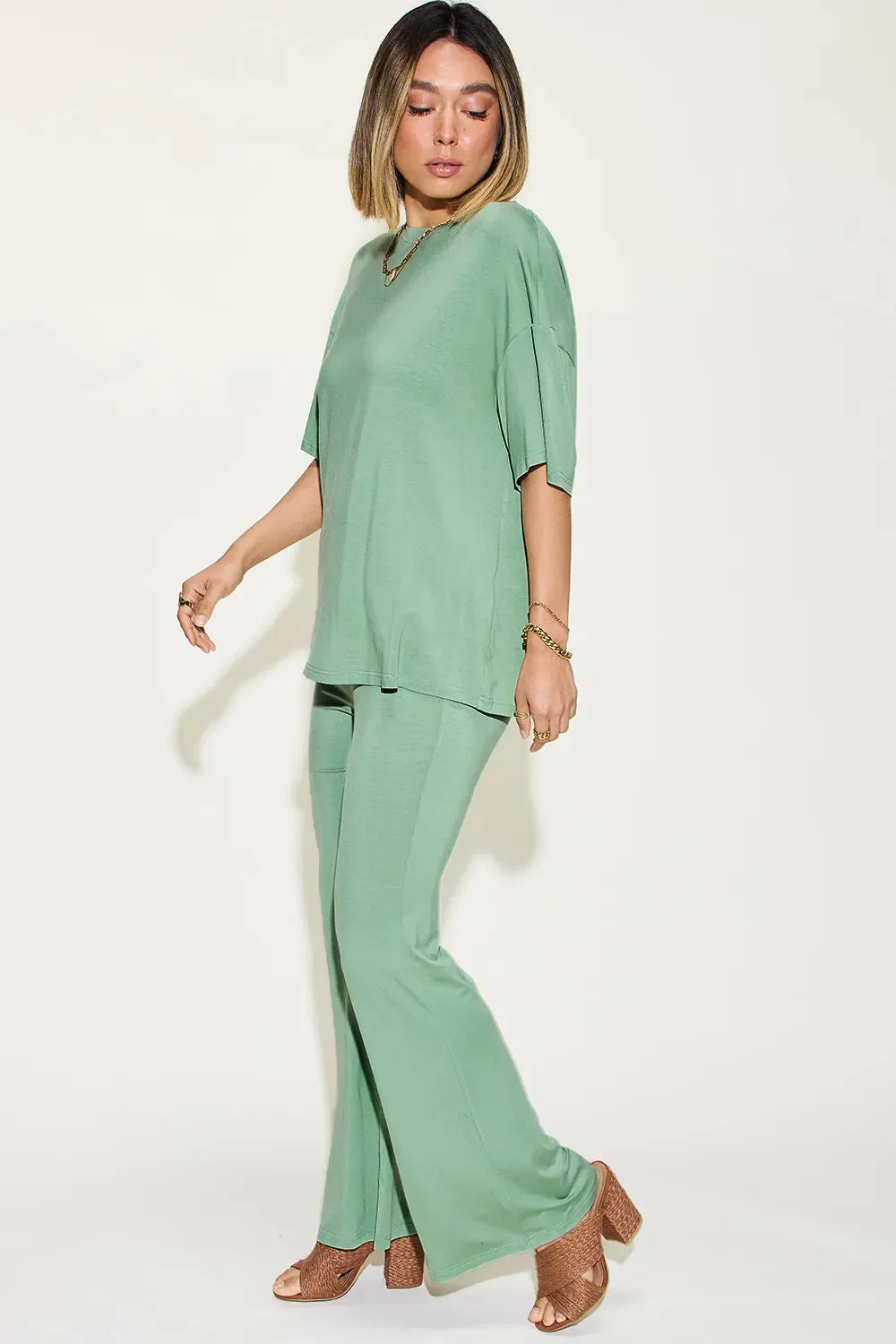 Basic Bae Full Size Bamboo Drop Shoulder T-Shirt and Flare Pants Set sold by Zulily product image thumbnail 2