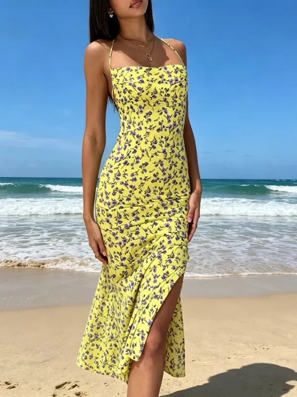 Floral Print Halter Neck Backless Slit Midi Dress made by Zulily