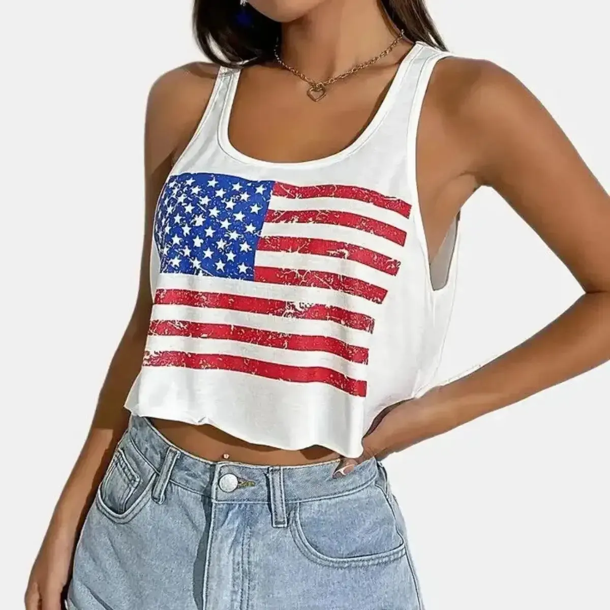 Women’s Distressed Flag Graphic Sleeveless Crop Top sold by Zulily