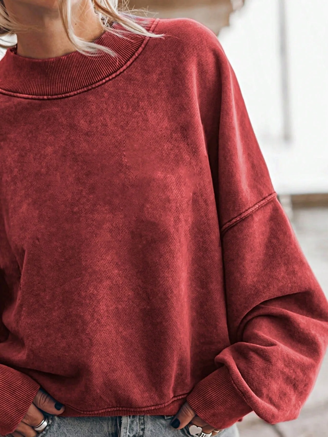 Boho Retro 60's Cotton Mix Drop Shoulder Mineral Acid Washed Oversized Mock Neck Dolman T Shirt Top Sweat Shirt sold by Zulily