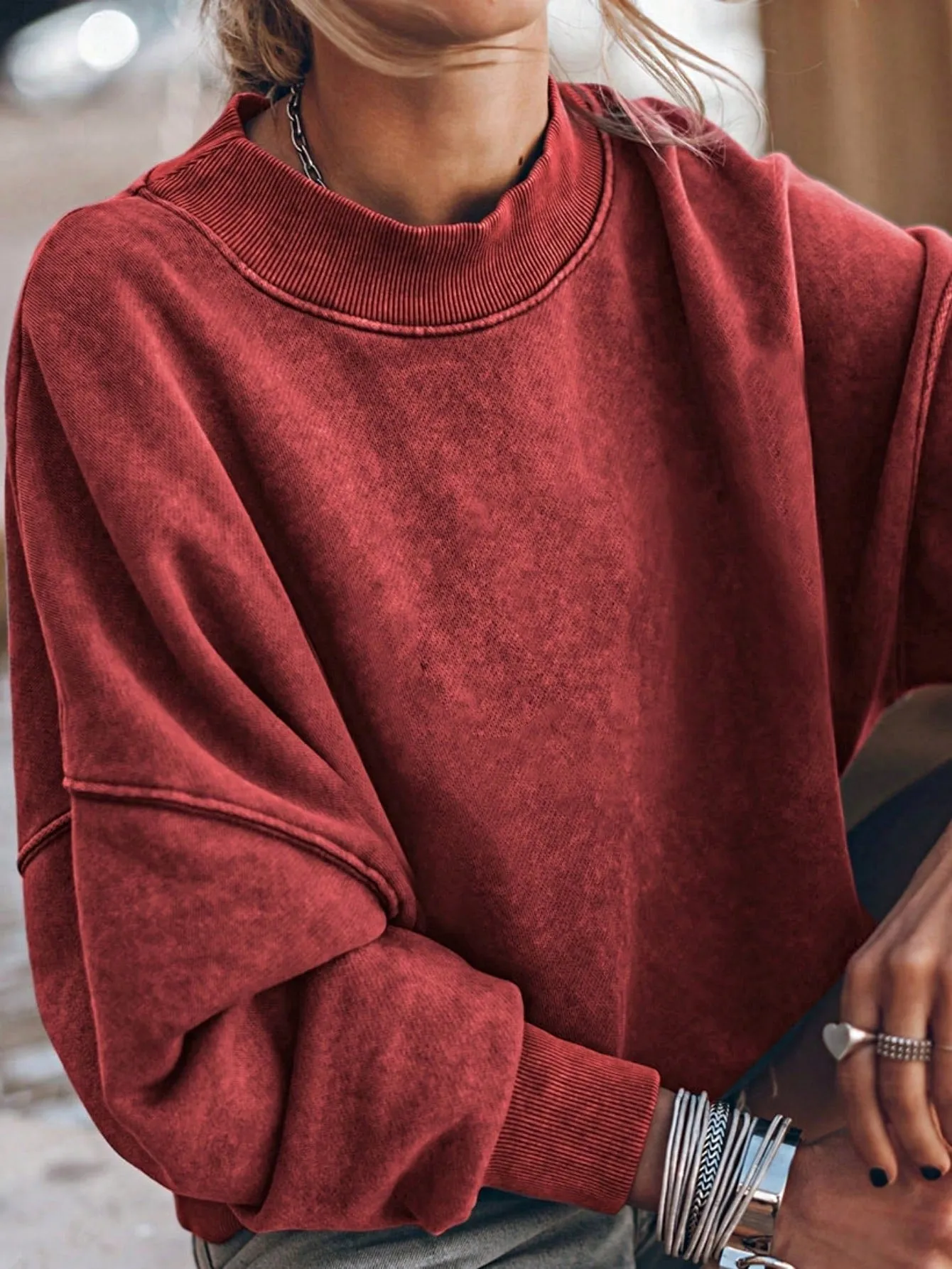 Boho Retro 60's Cotton Mix Drop Shoulder Mineral Acid Washed Oversized Mock Neck Dolman T Shirt Top Sweat Shirt sold by Zulily product image thumbnail 3