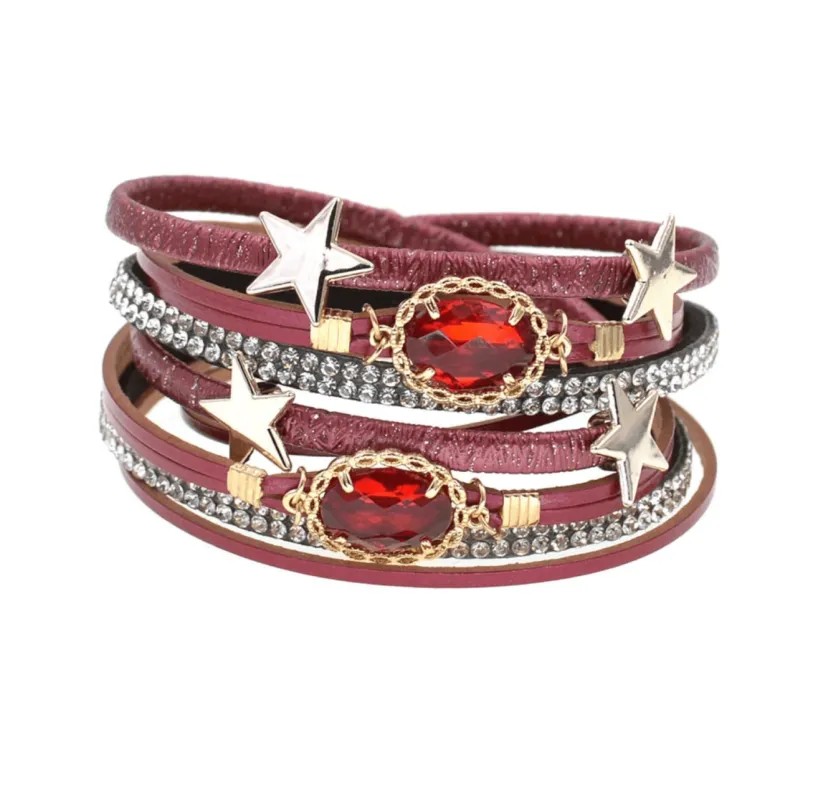 Wine Red Faux Leather Star Bracelet for Women, Goldtone Patriotic Wrap Bracelet made by Zulily
