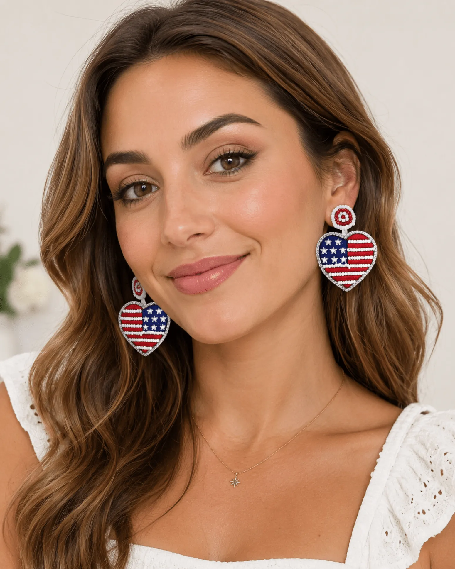 American Flag Beaded Heart Drop Earrings for Women, Red White Blue 4th of July Jewelry sold by Zulily product image thumbnail 2