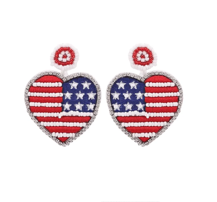 American Flag Beaded Heart Drop Earrings for Women, Red White Blue 4th of July Jewelry made by Zulily
