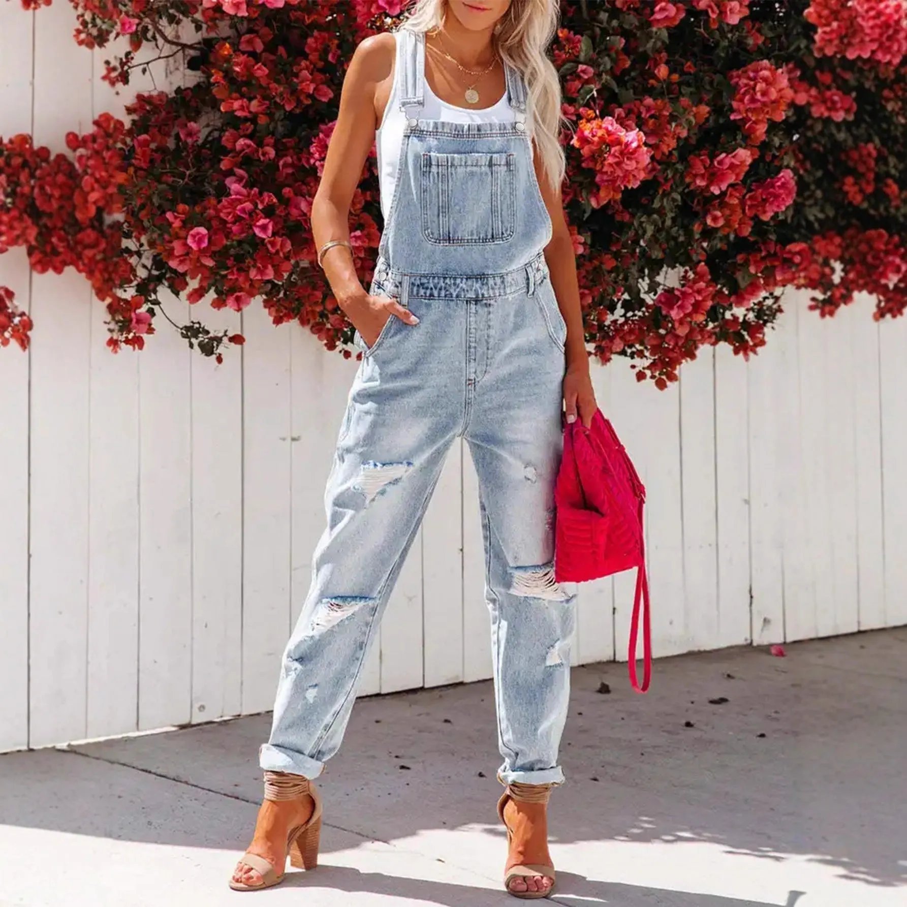Women's Cropped Ripped Denim Overalls – Streetwear Strap Bib Jeans sold by Zulily product image thumbnail 2
