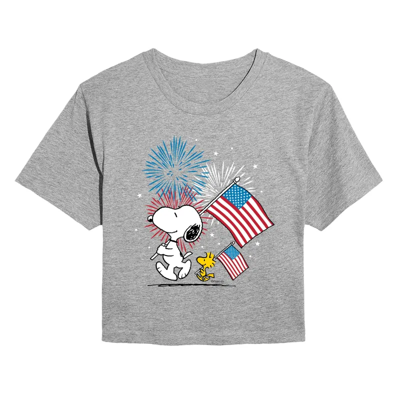 Peanuts - Snoopy & Woodstock Americana - Juniors Cropped Graphic T-Shirt made by Peanuts