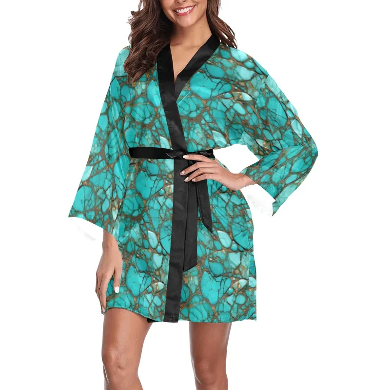 Baha Ranch All Turquoise Satin Kimono Sleeve Robe made by Zulily
