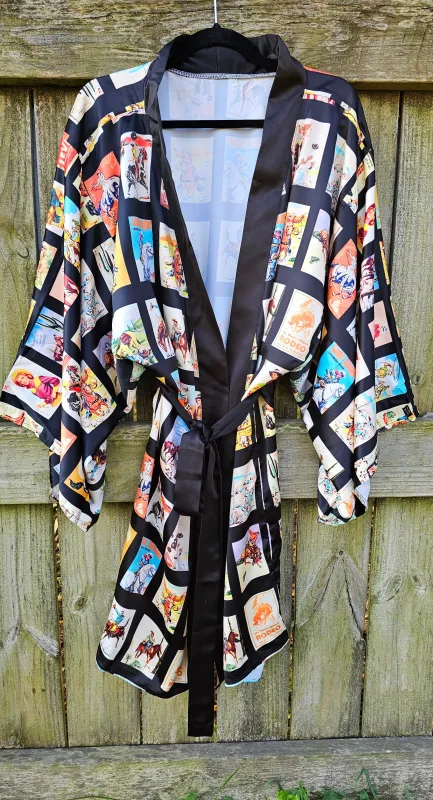 Baha Ranch Vintage Cowboy Collage Satin Kimono Robe made by Zulily