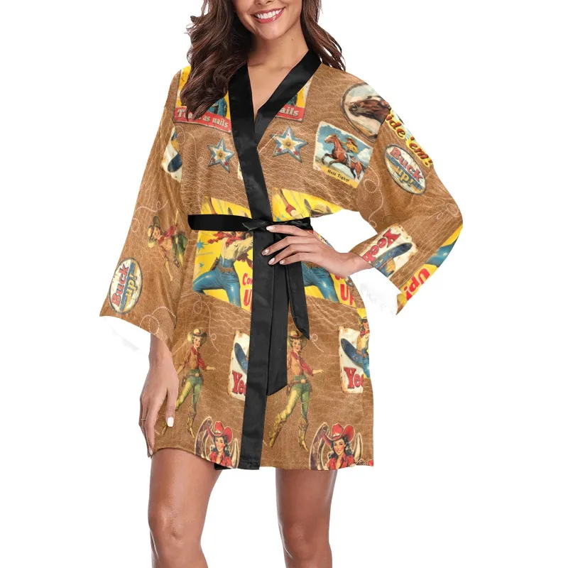 Baha Ranch Vintage Cowgirl Collage Kimono Satin Robe made by Zulily