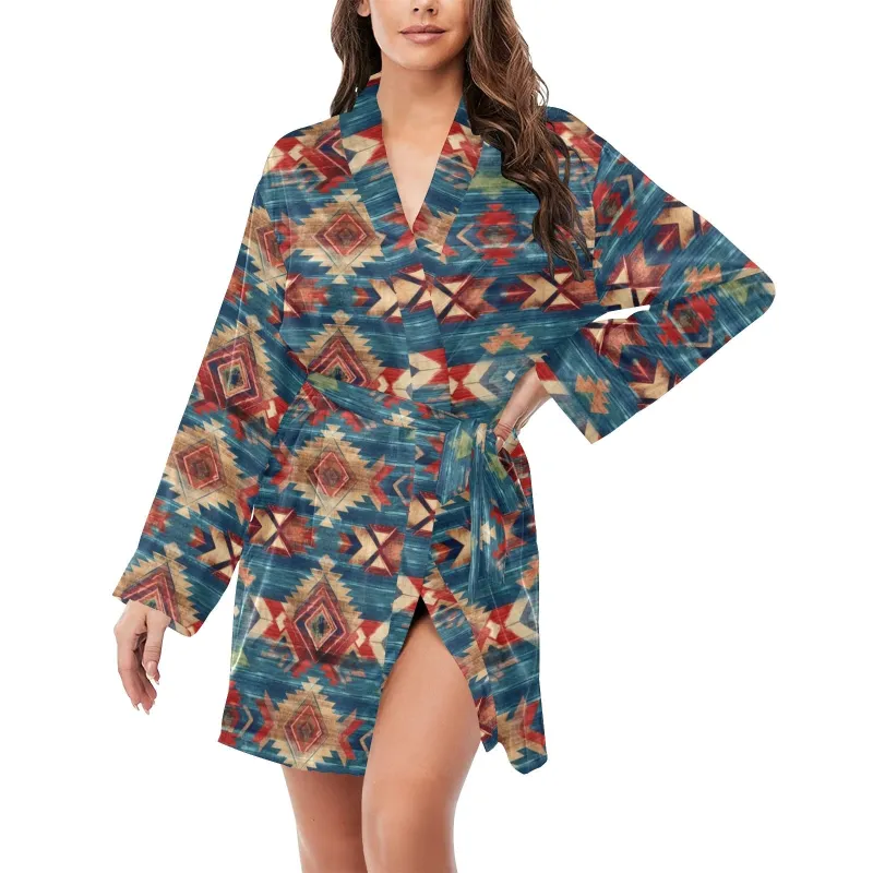 Blue Aztec Women's Long Sleeve Belted Satin Feel Dressing Lounge Robe made by Zulily