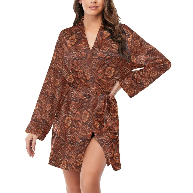 Tooled Leather Print Women's Long Sleeve Belted Satin Feel Dressing Lounge Robe made by Zulily