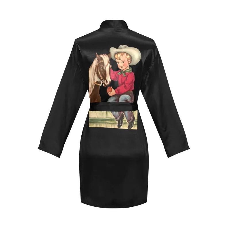 Vintage Cowboy and Horse Women's Long Sleeve Belted Satin Feel Dressing Lounge Robe made by Zulily