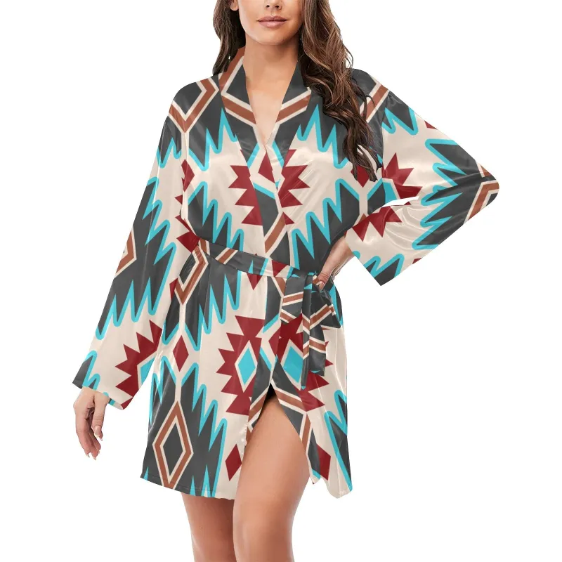 Turquoise Burgandy Aztec Women's Belted Satin Feel Dressing Lounge Robe made by Zulily