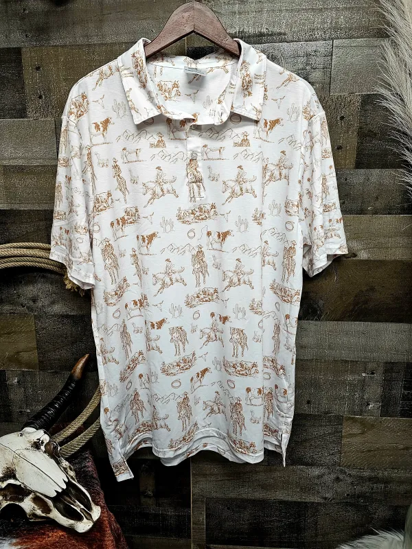 Ranch Life Men's Western Polo Shirt with tan print made by Zulily